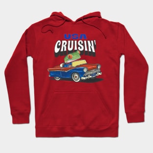 Funny and Humorous Red Eyed Tree Frog is cute driving through the USA in a classic vintage car Hoodie